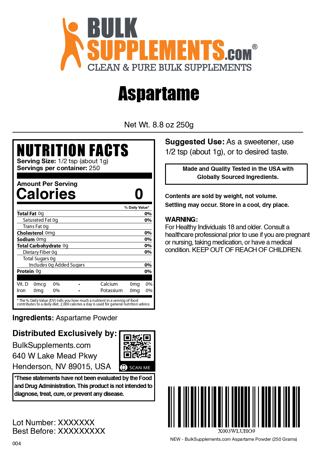 Aspartame powder label 250g