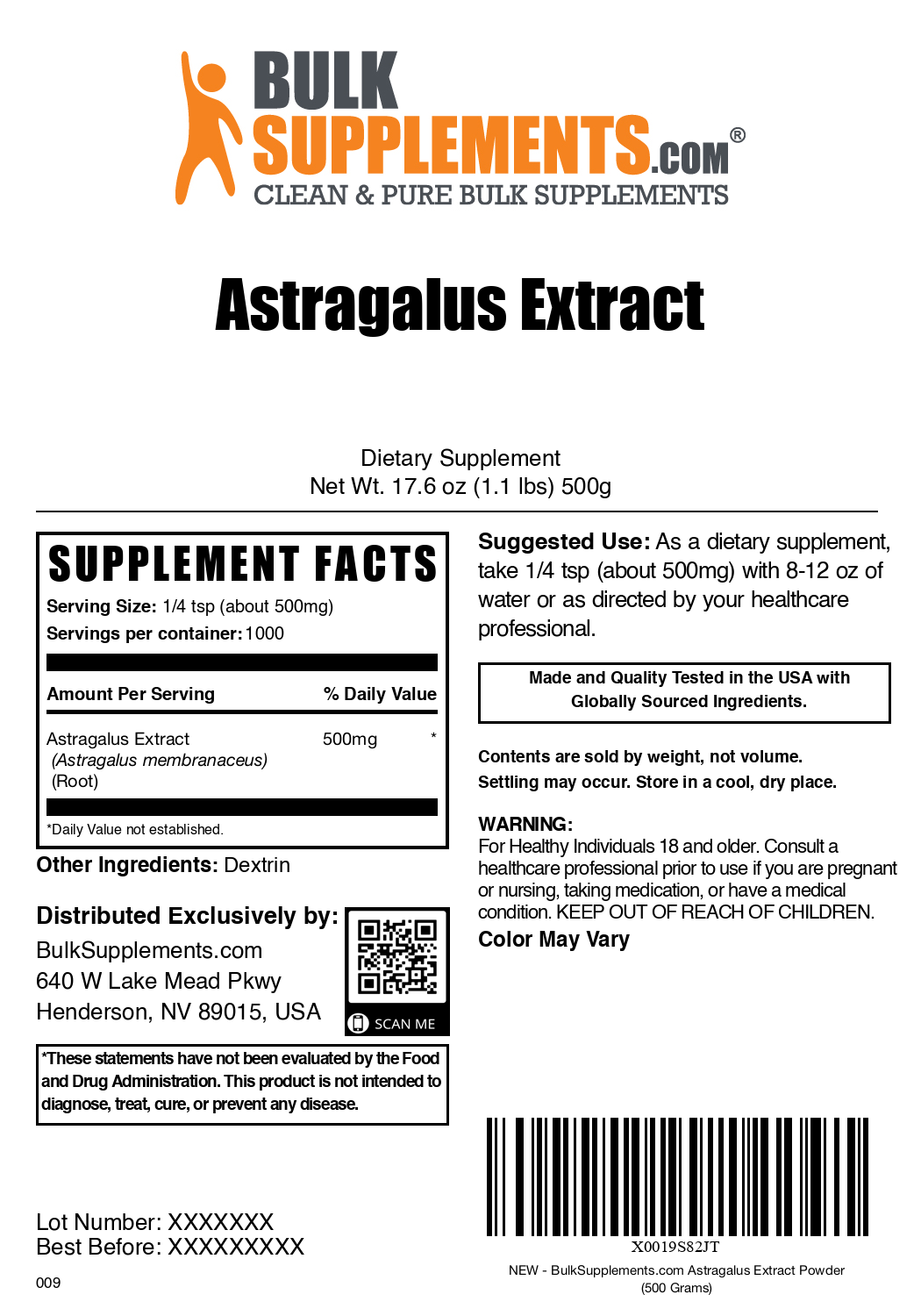 Astragalus extract powder label 500g