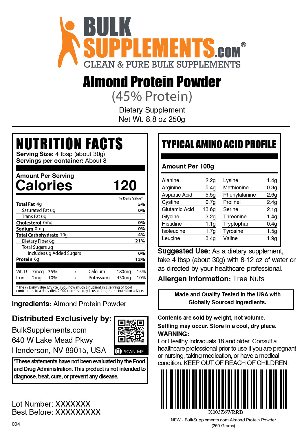 Almond protein powder label 250g