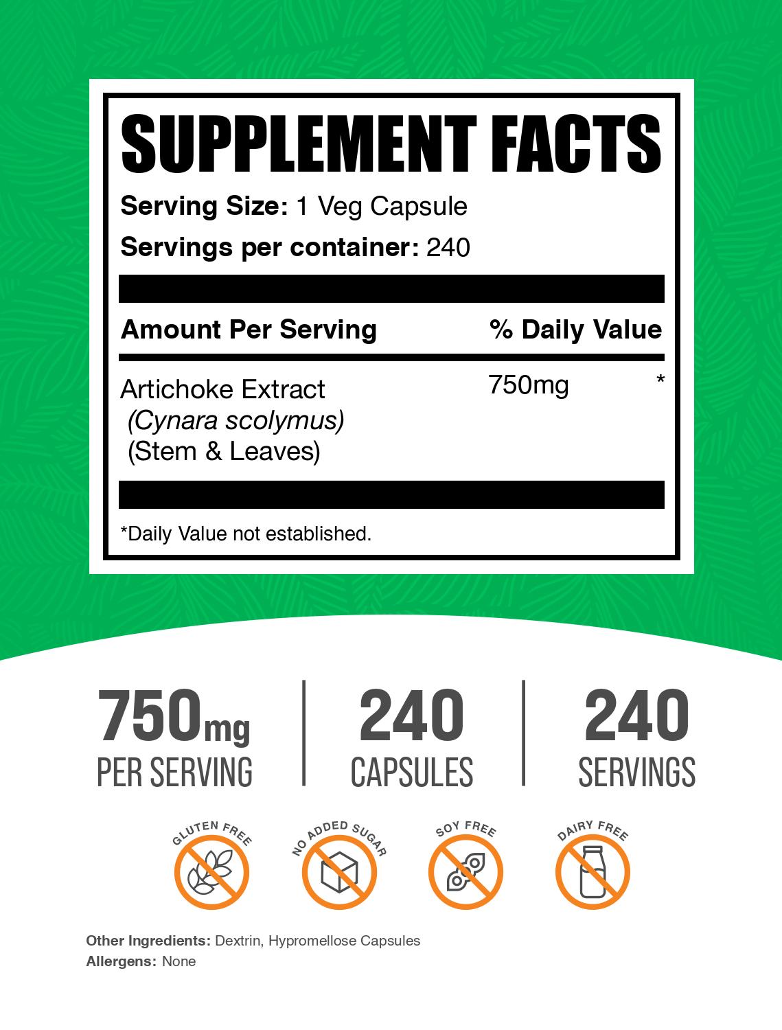 Artichoke extract 240 capsules label