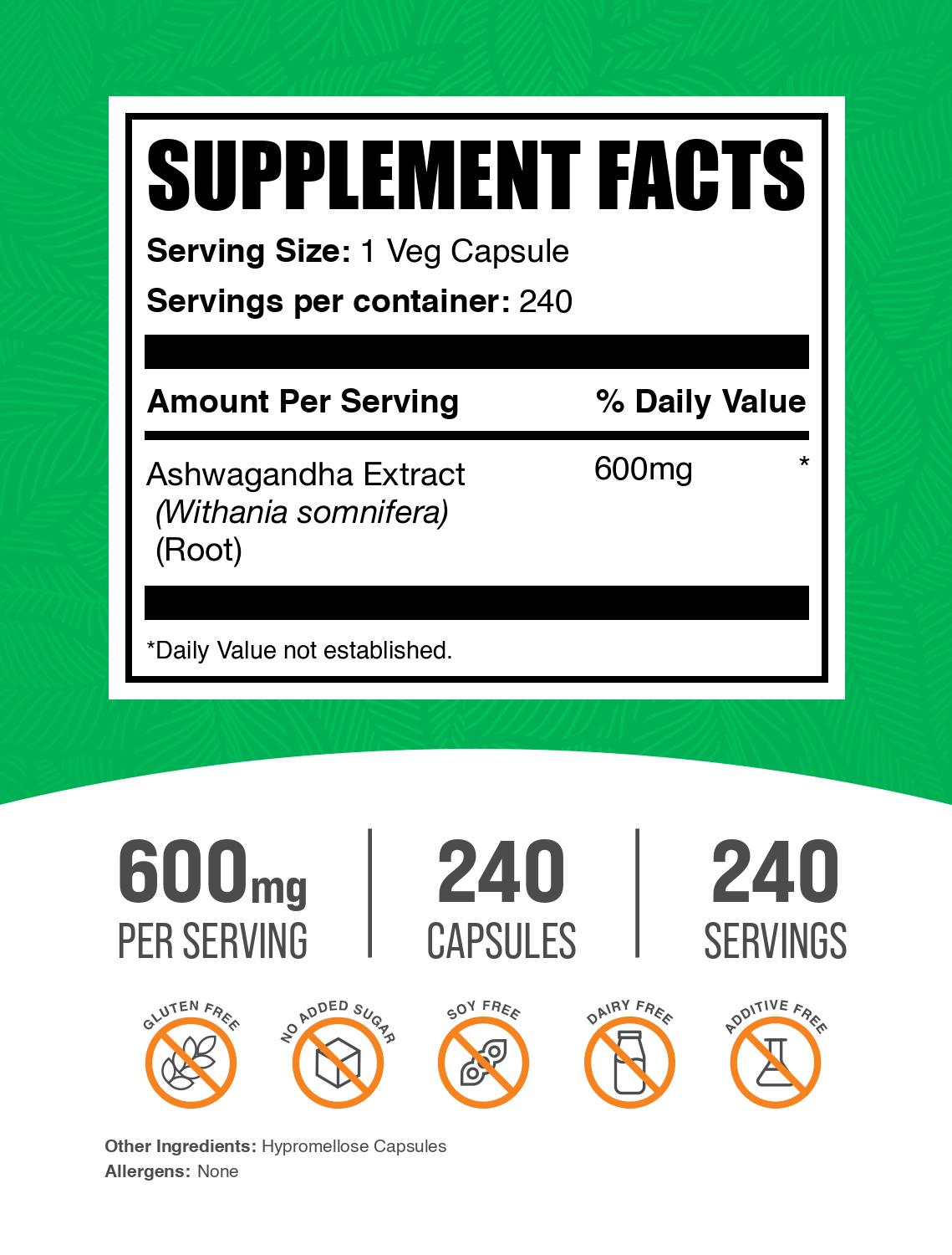 Ashwagandha extract 240 capsules label