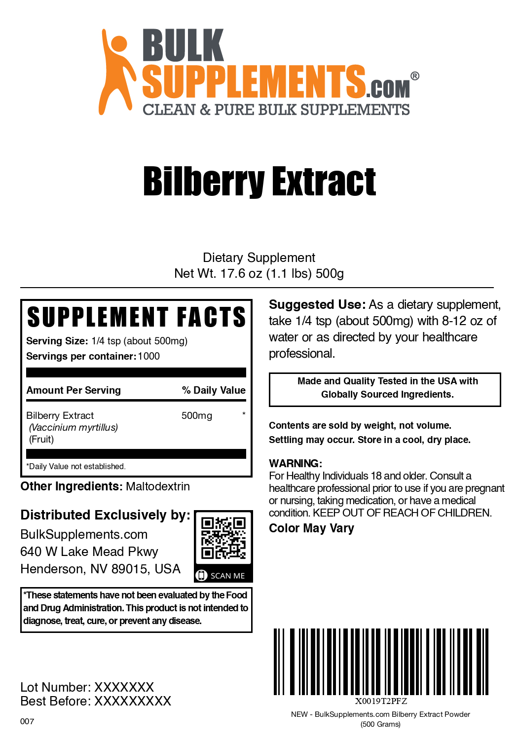 Bilberry extract powder label 500g