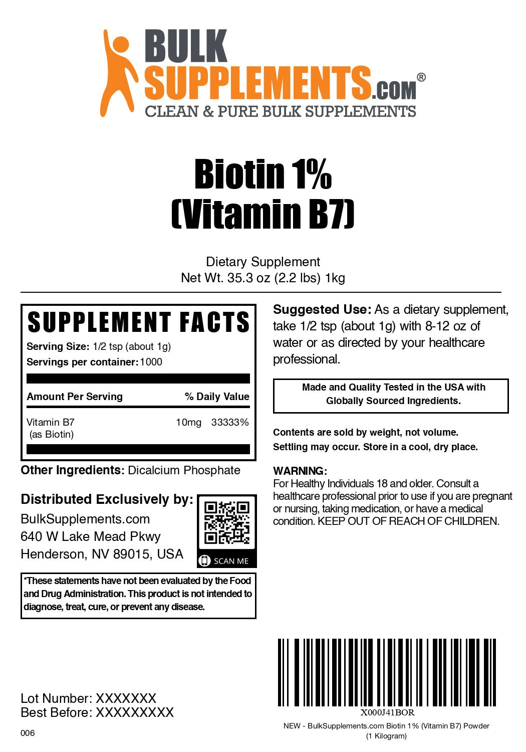 Biotin 1% (Vitamin B7) 1kg label