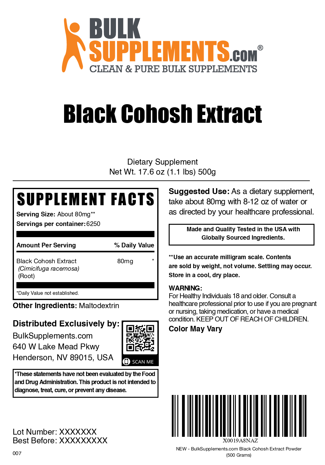 Black cohosh extract powder label 500g