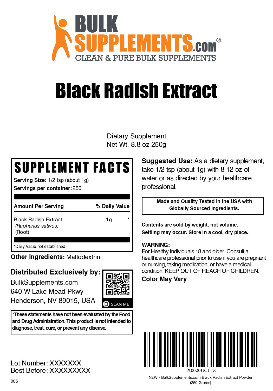 Black radish extract powder label 250g
