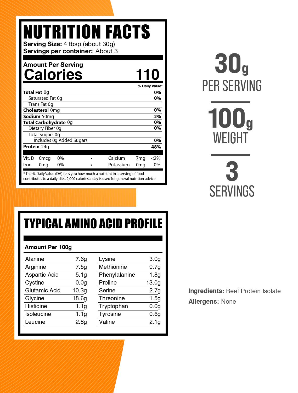 Beef protein isolate powder label 100g