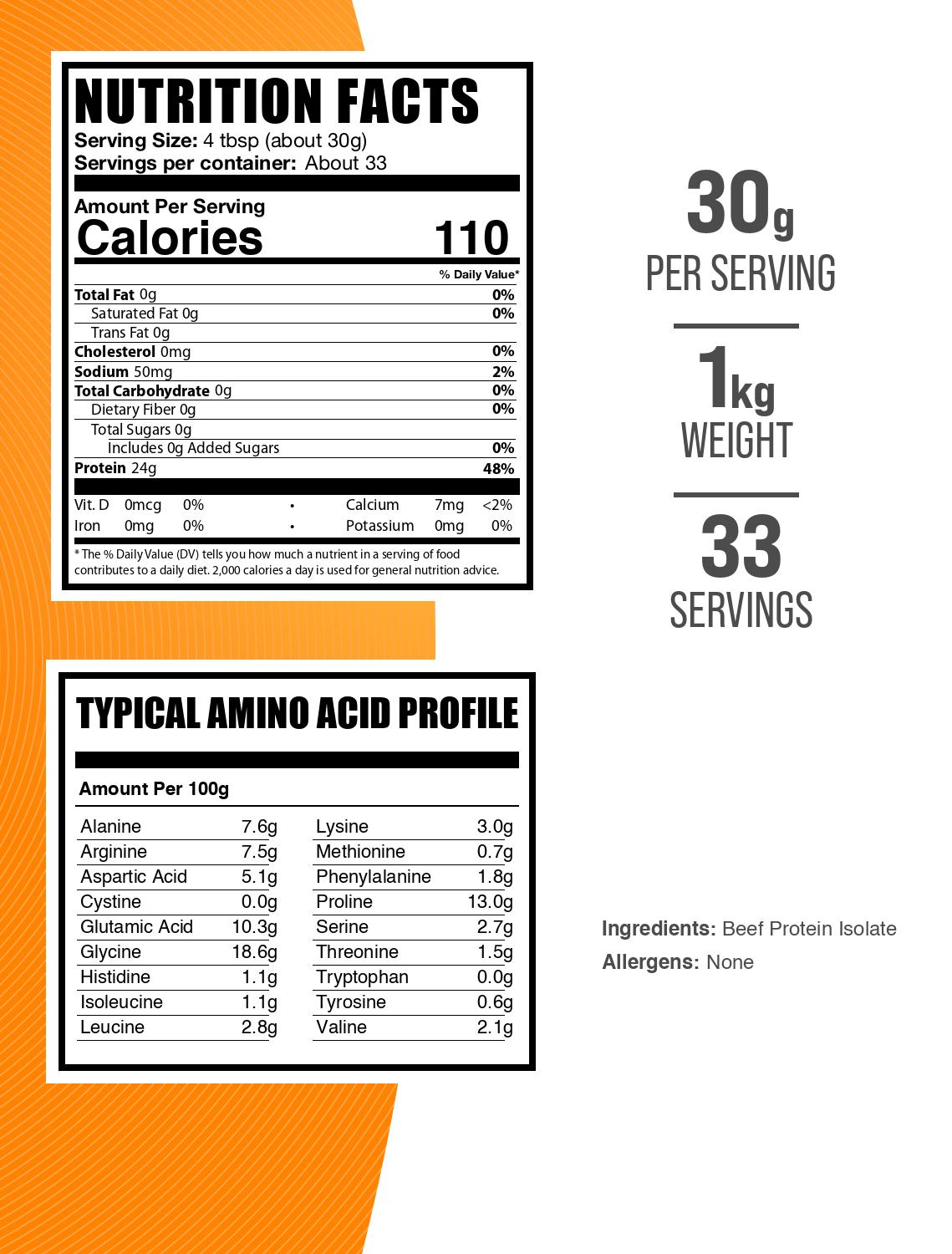 Beef protein isolate powder label 1kg