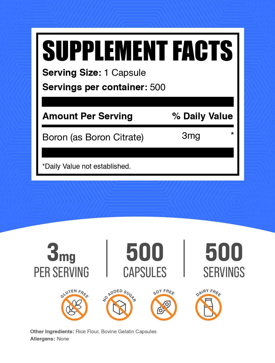 Boron citrate 3mg 500 capsules label