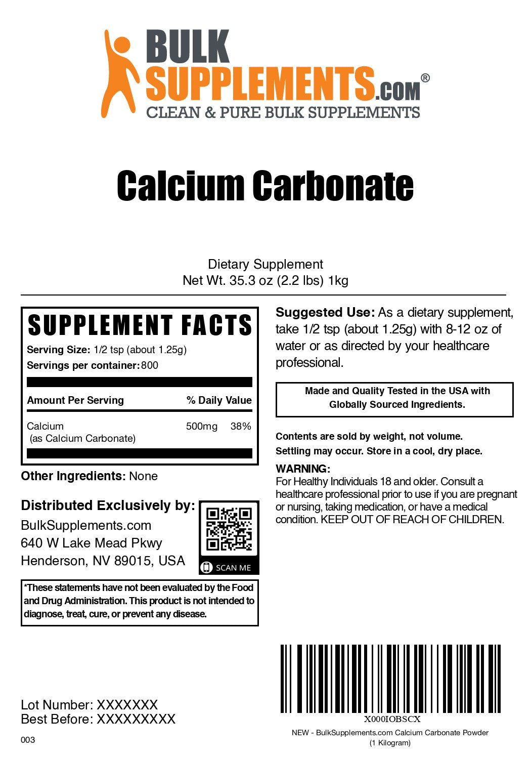 Calcium Carbonate 1kg label
