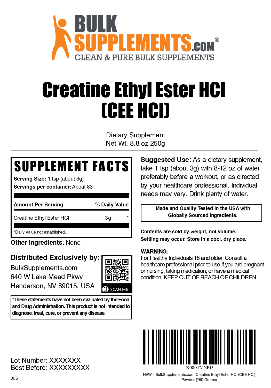 Creatine ethyl ester powder label 250g