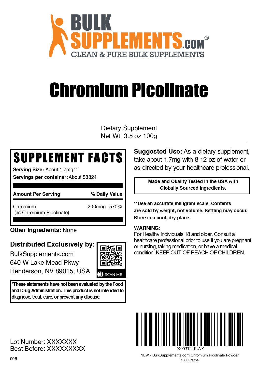 Chromium Picolinate Powder 100g label