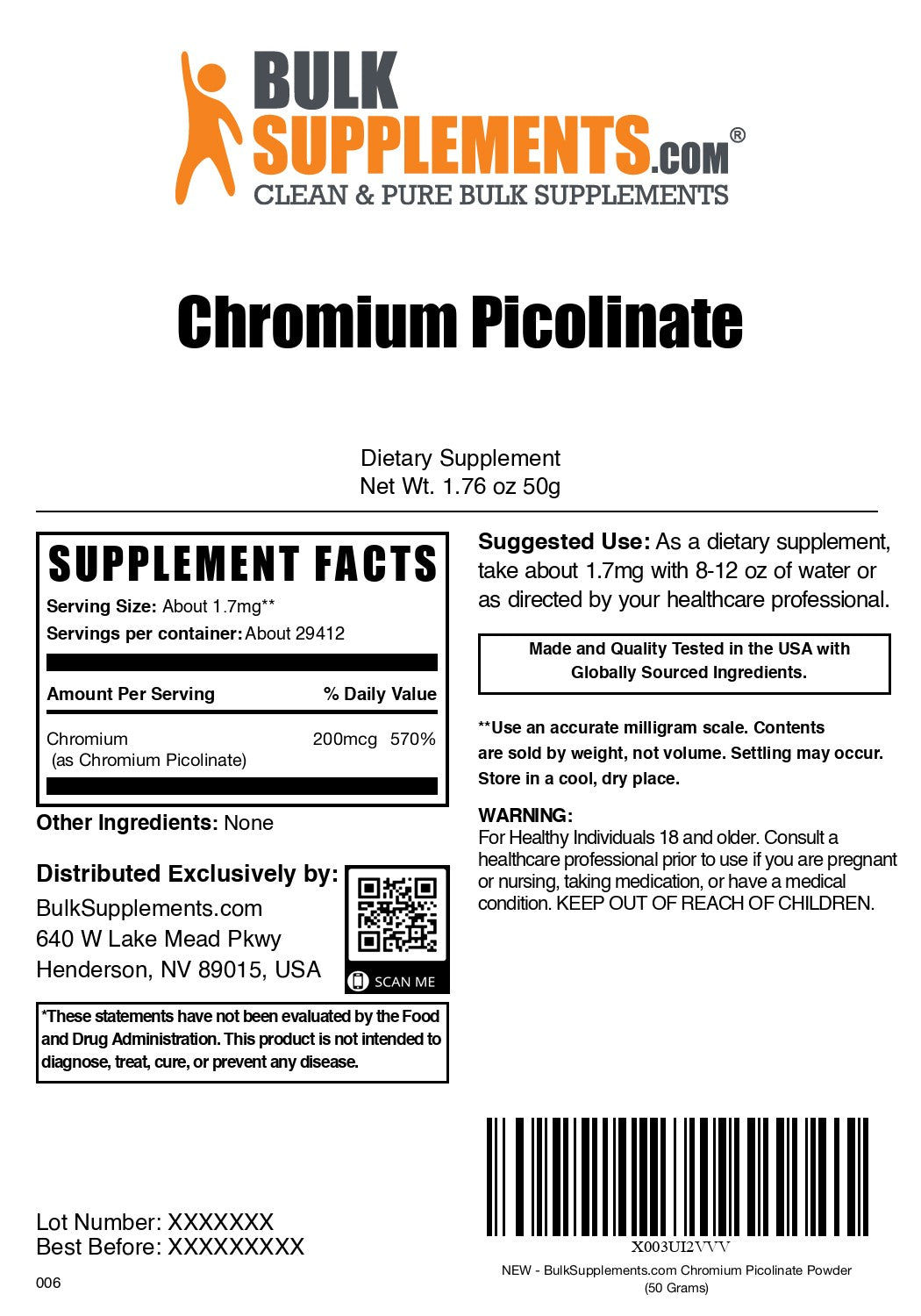 Chromium Picolinate Powder 50g label