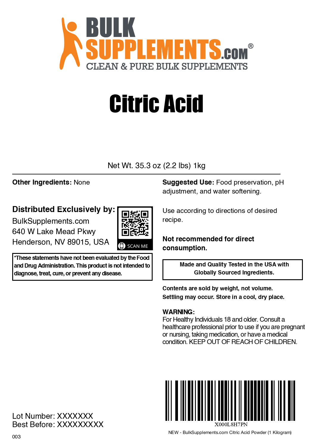 Citric Acid Powder 1kg Bag Label