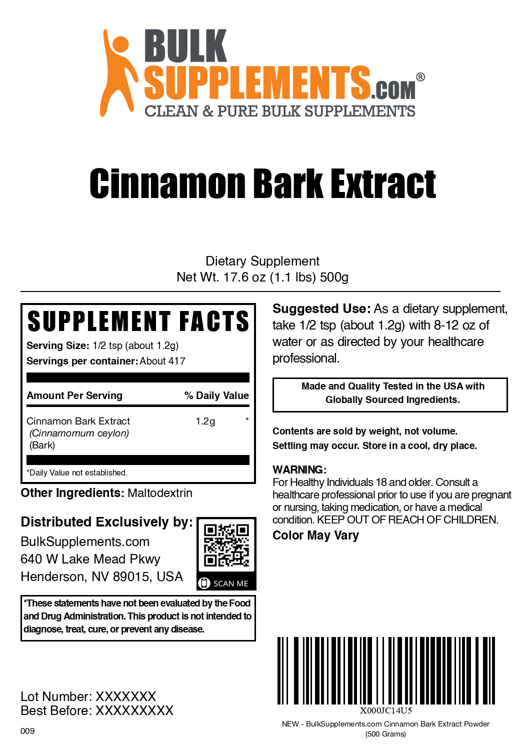 Cinnamon bark extract powder label 500g