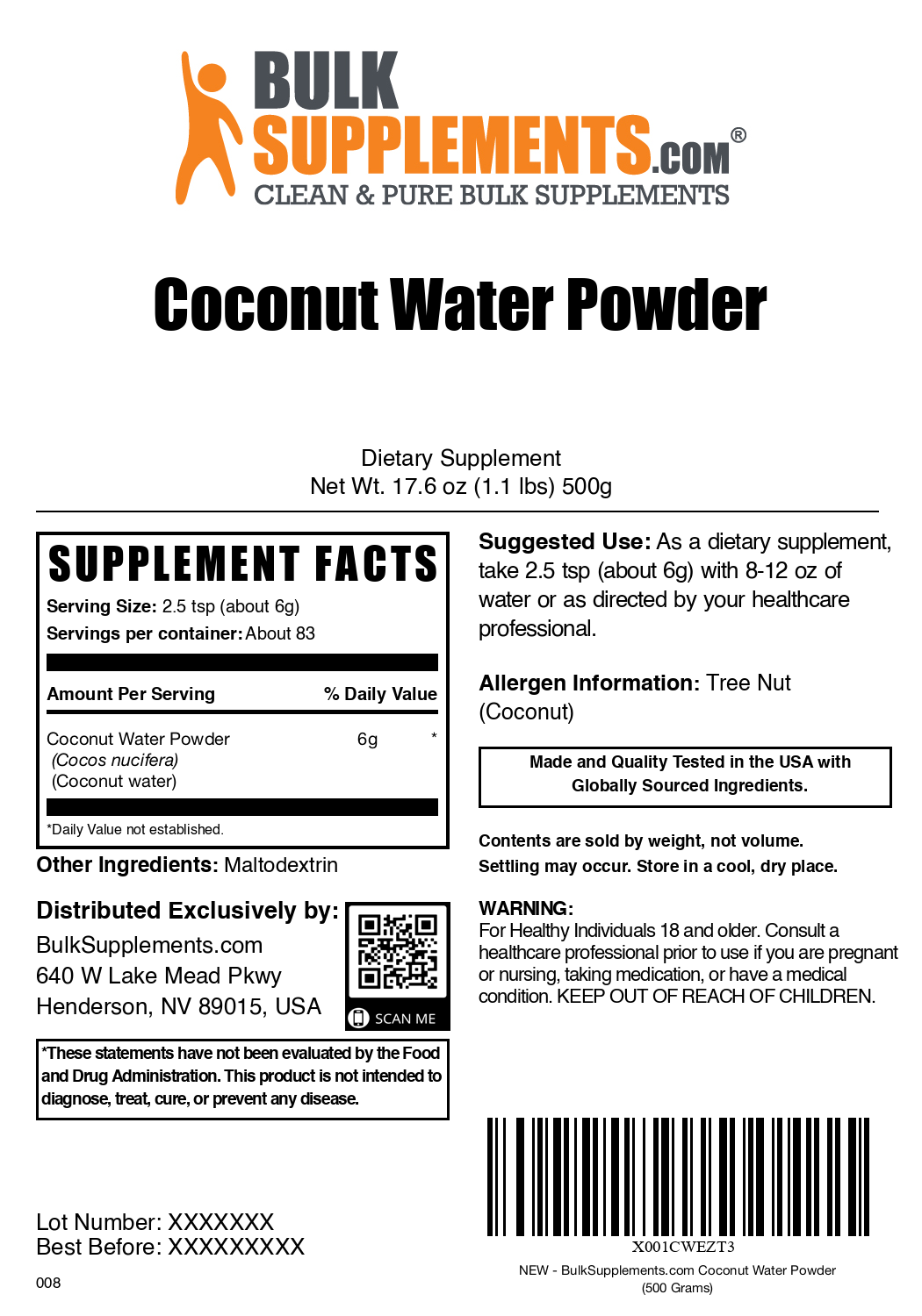 Coconut water powder label 500g