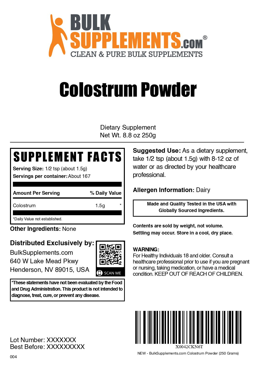 Colostrum Powder 250 grams label