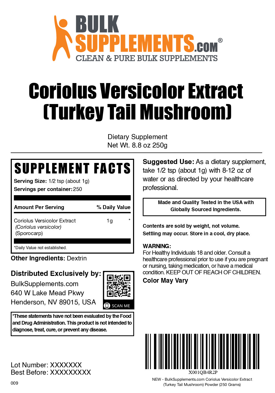 Turkey tail mushroom extract powder label 250g
