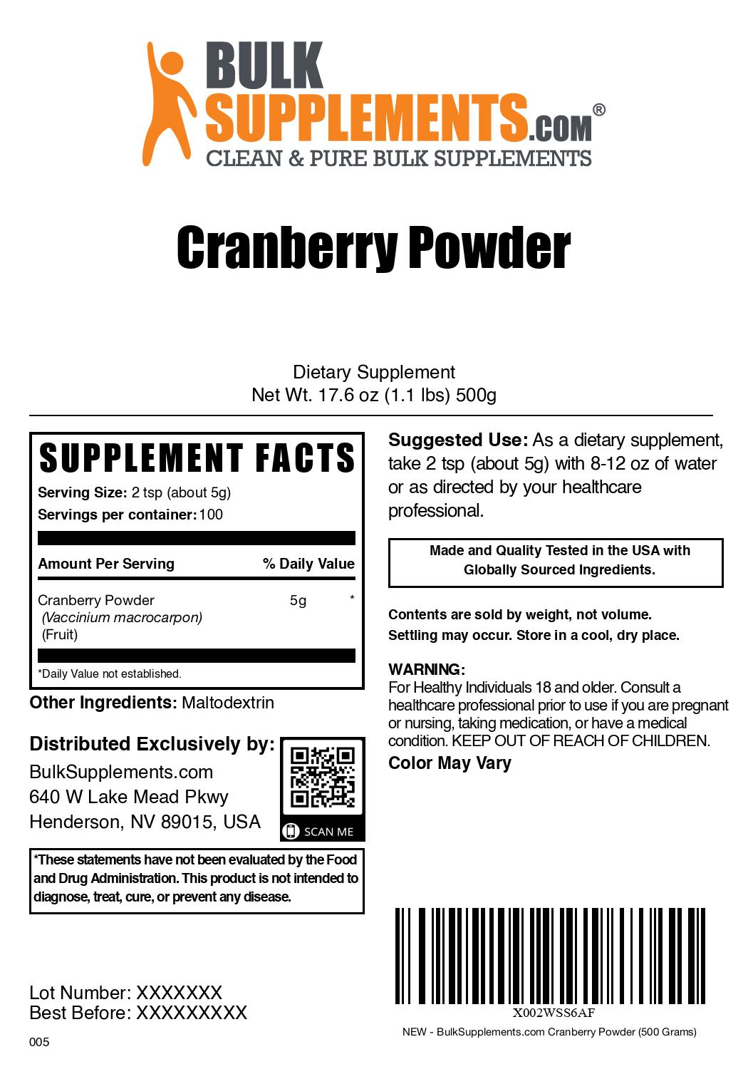 Cranberry Powder 500g Bag Label