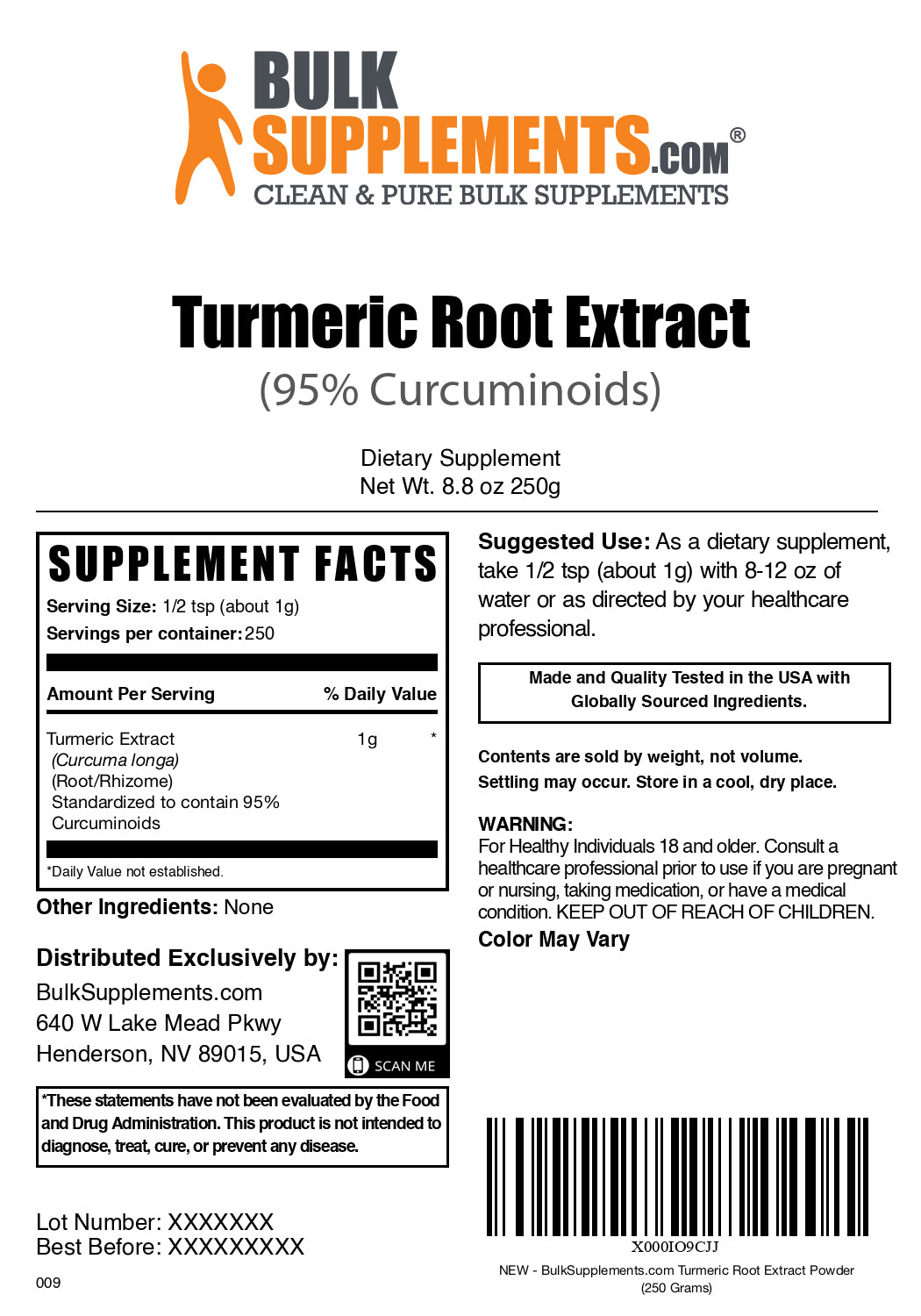 Turmeric root extract powder label 250g