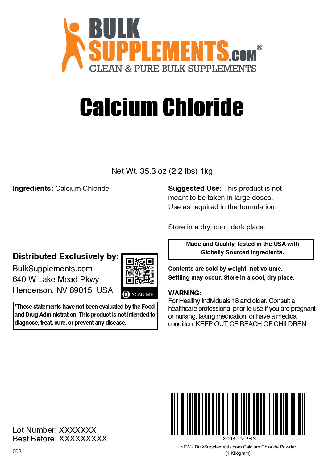 Calcium chloride powder label 1kg