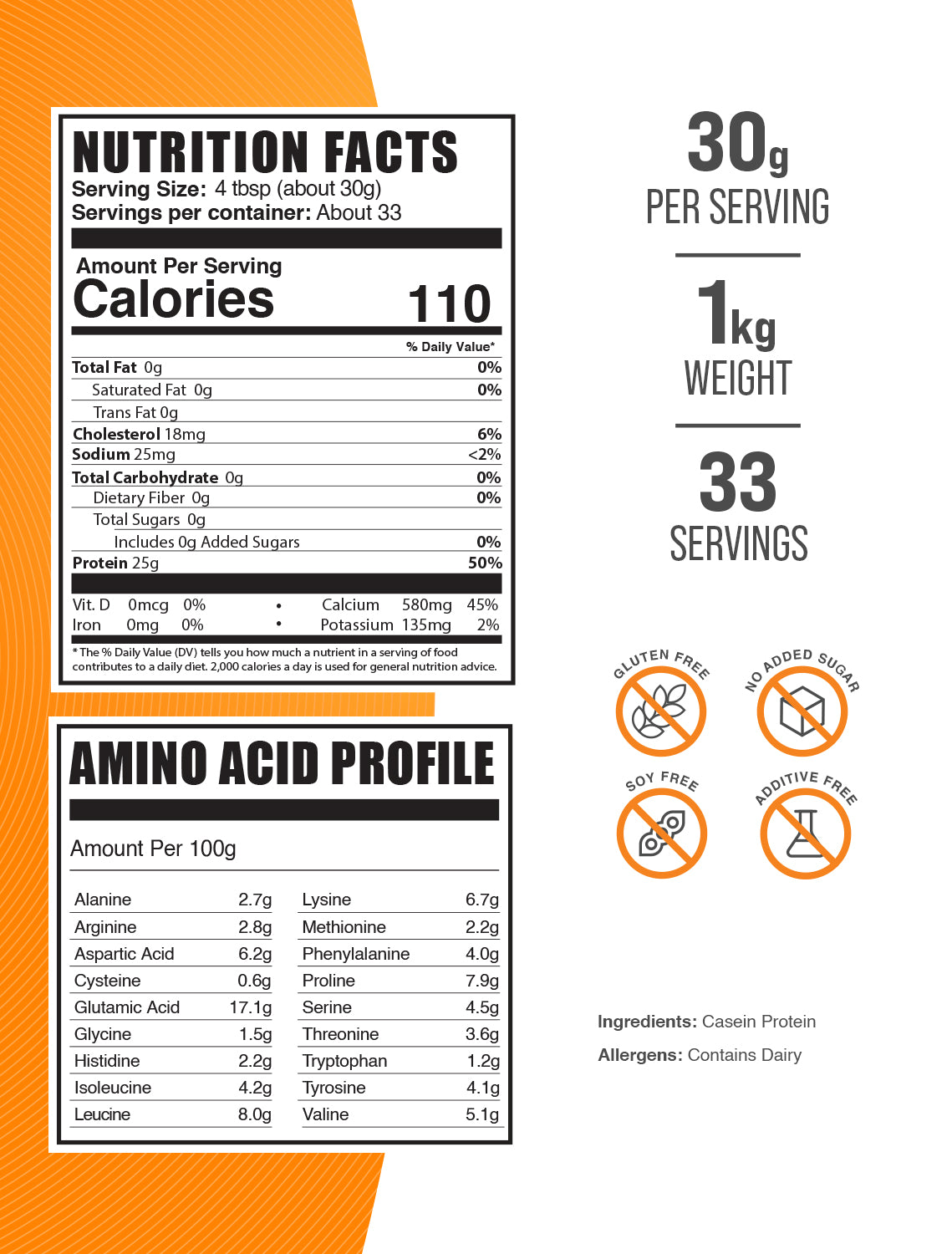 Casein protein powder label 1kg