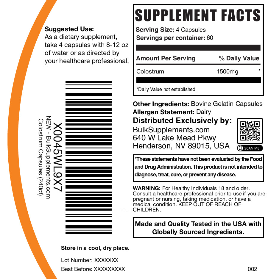 Colostrum 240 capsules label