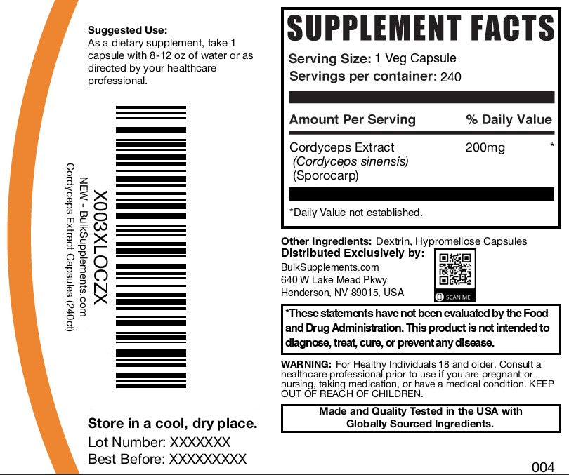 Cordyceps Mushroom Extract 240 Capsules Bottle Label