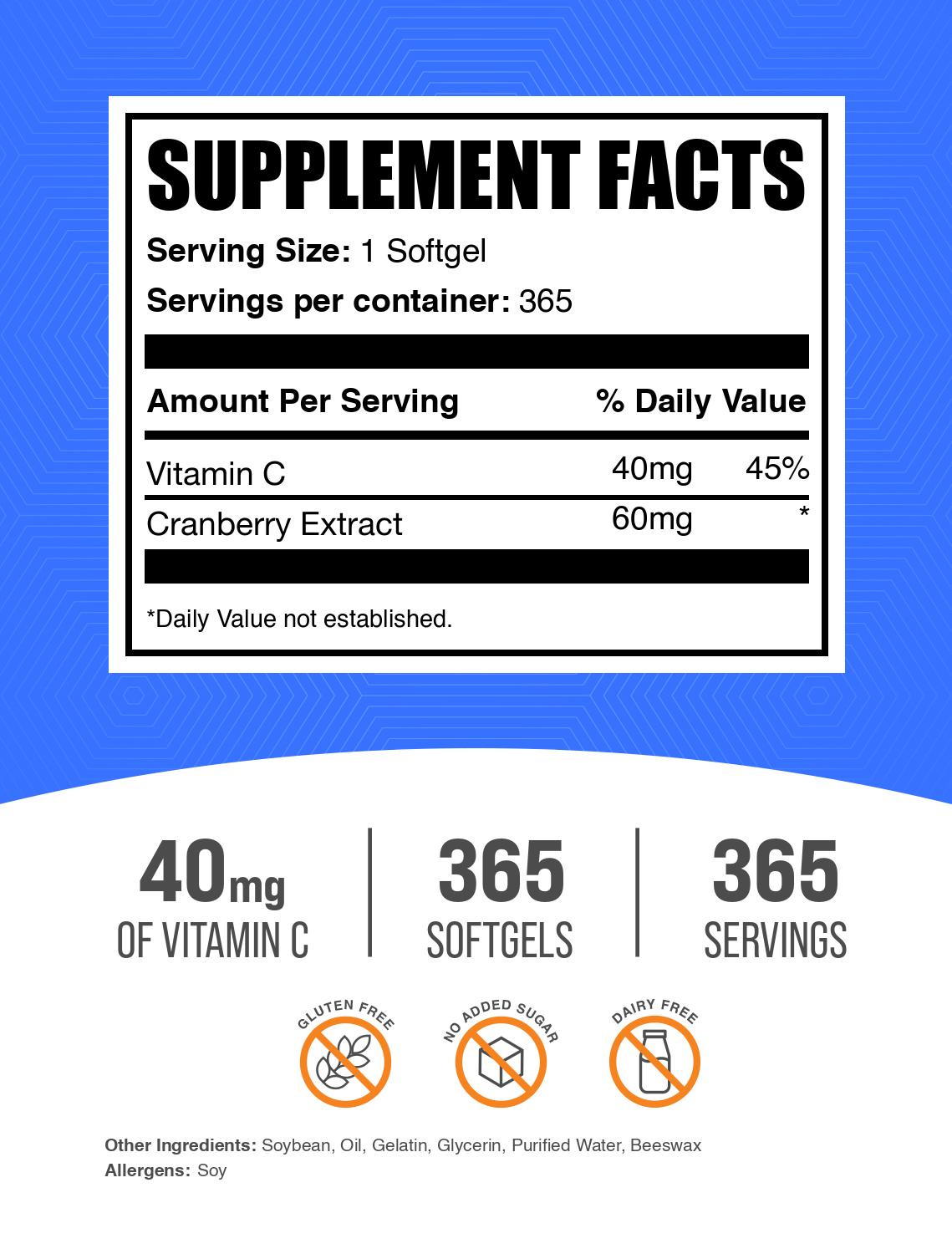 Cranberry & Vitamin C 365 softgels label
