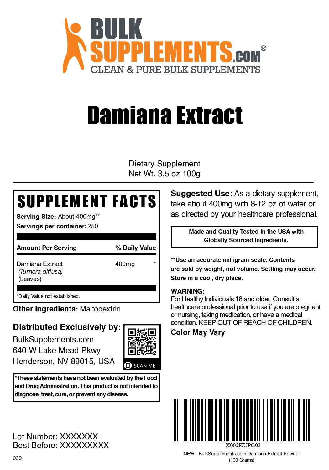 Damiana extract powder label 100g