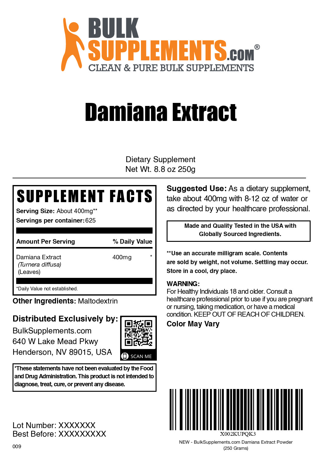 Damiana extract powder label 250g