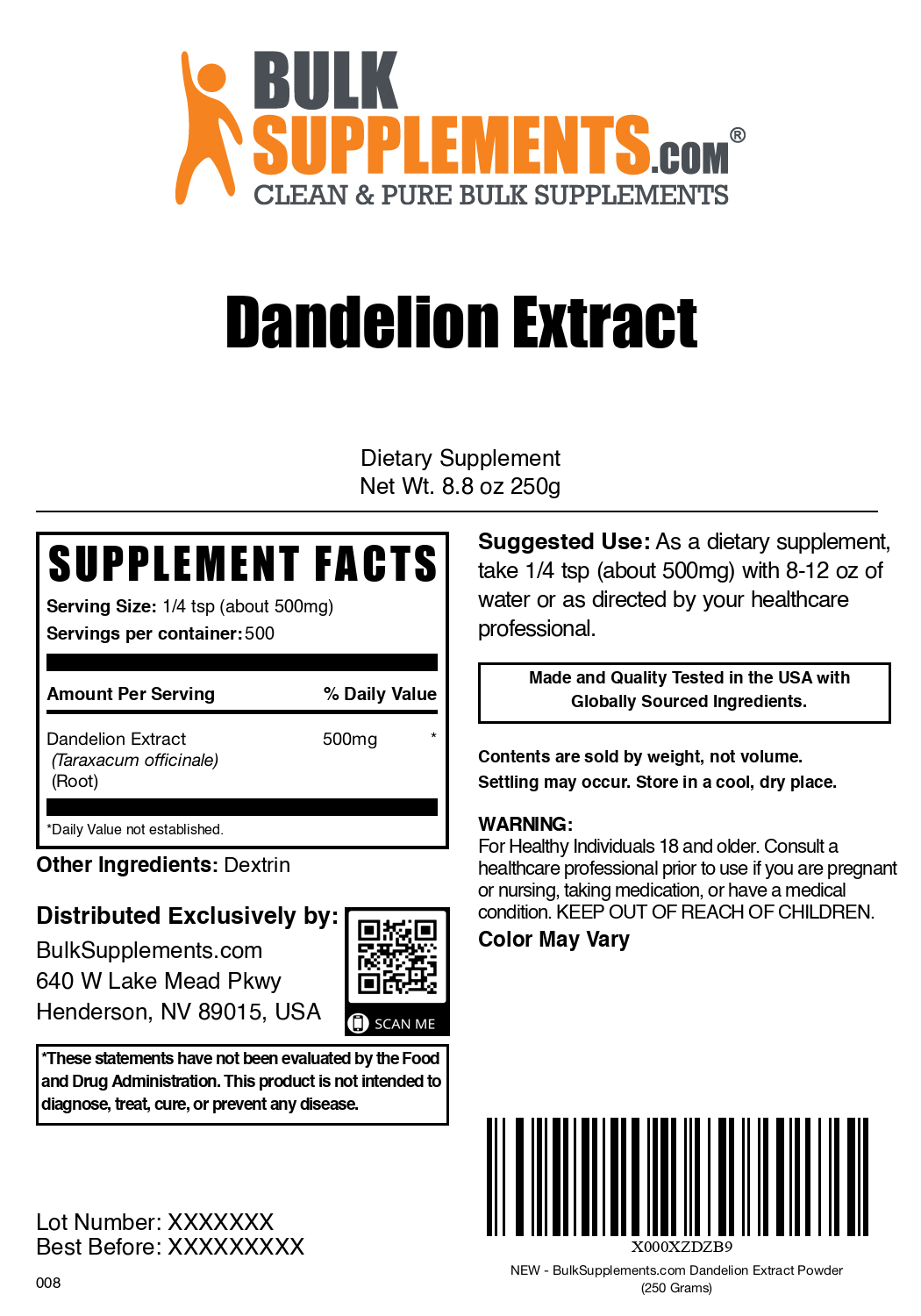 Dandelion extract powder label 250g