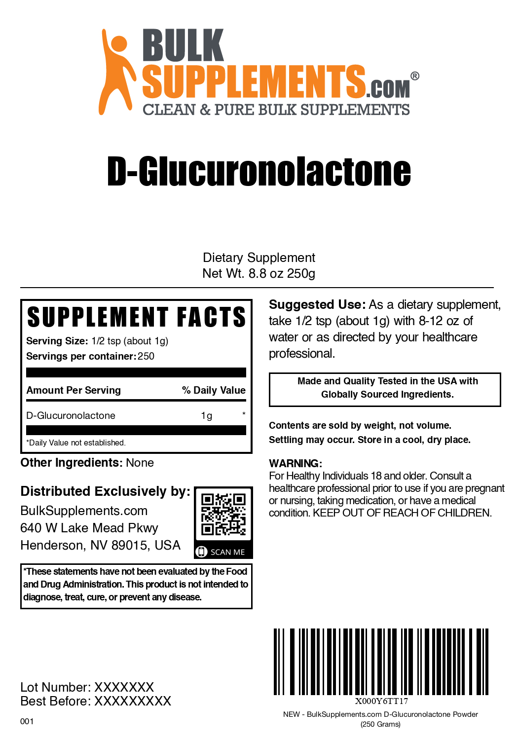 D-Glucuronolactone Powder 250g Bag Label