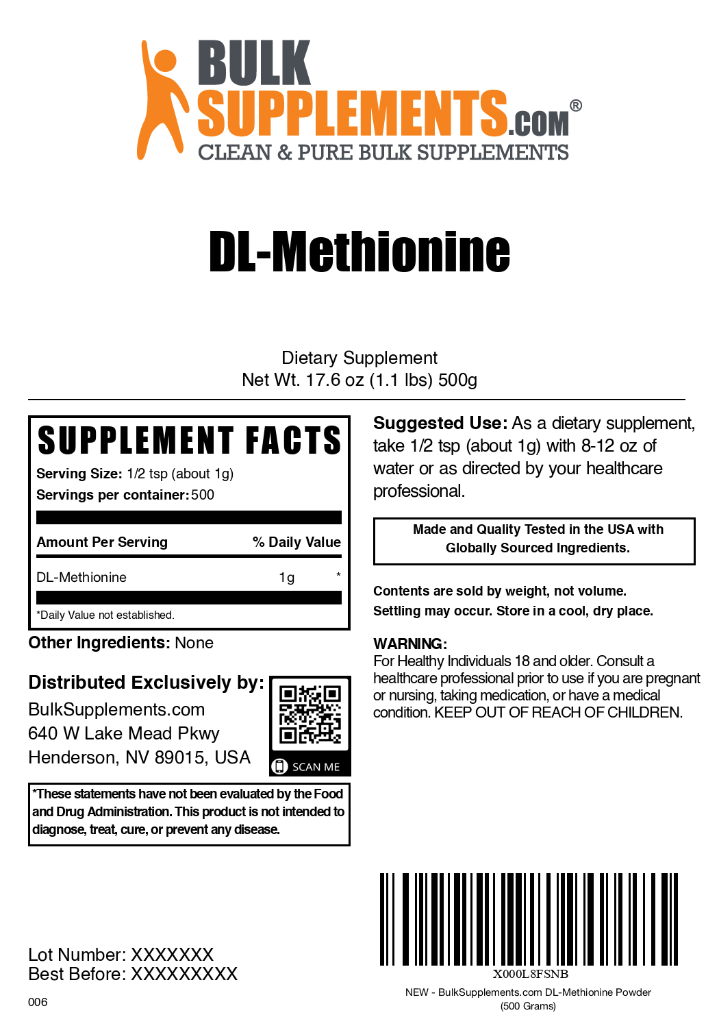 DL-Methionine powder label 500g