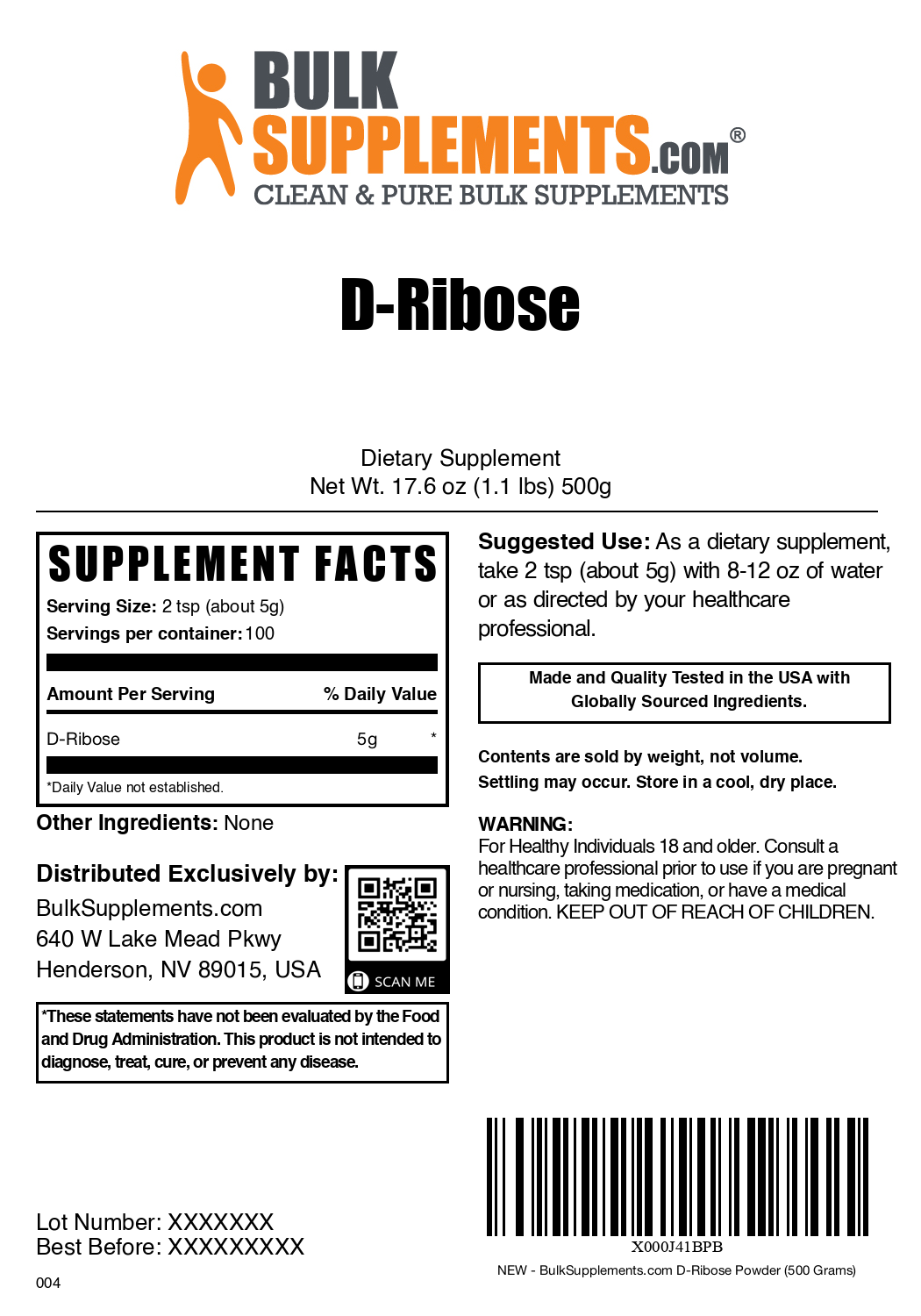 D-Ribose Powder 500g Plain Label