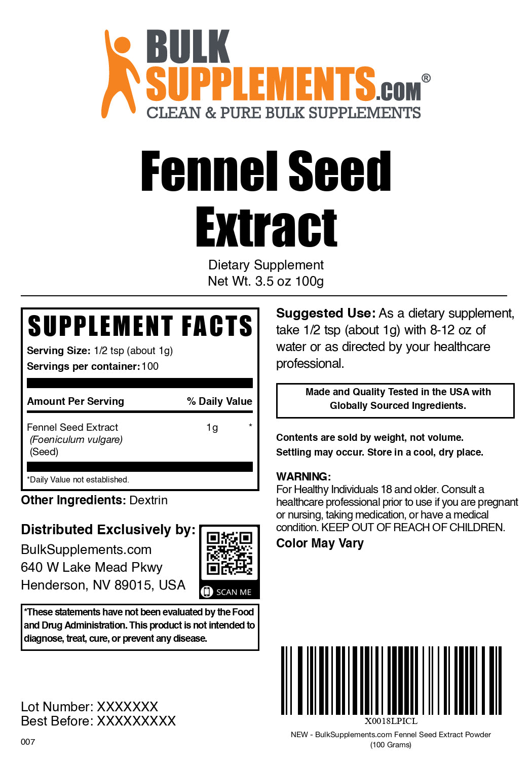Fennel seed extract powder label 100g