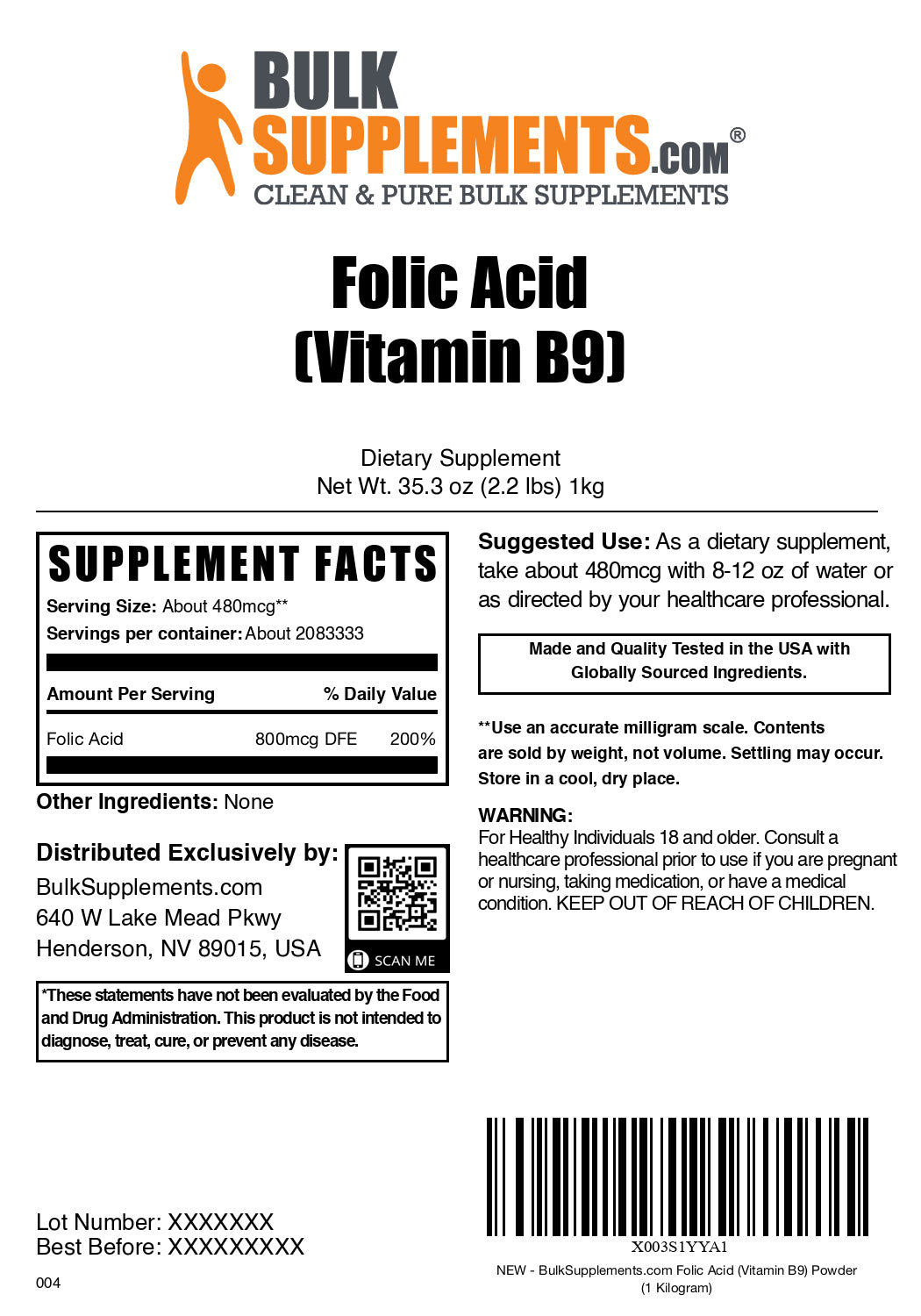 Folic acid powder label 1kg