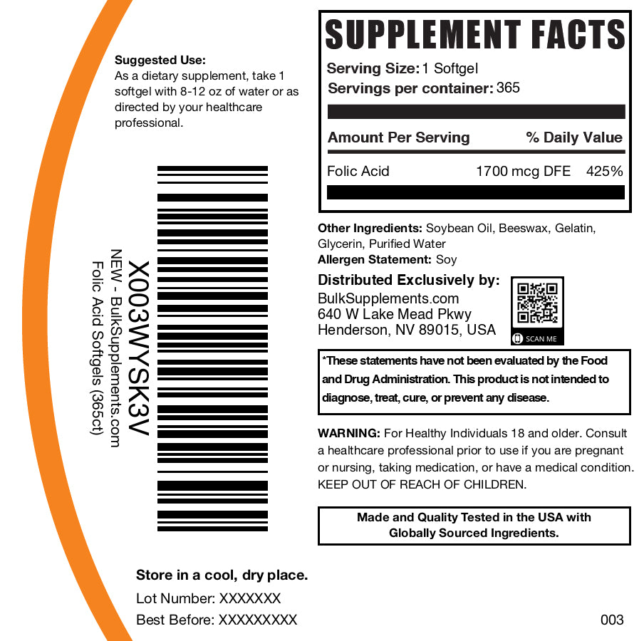 Folic acid 365 softgels label