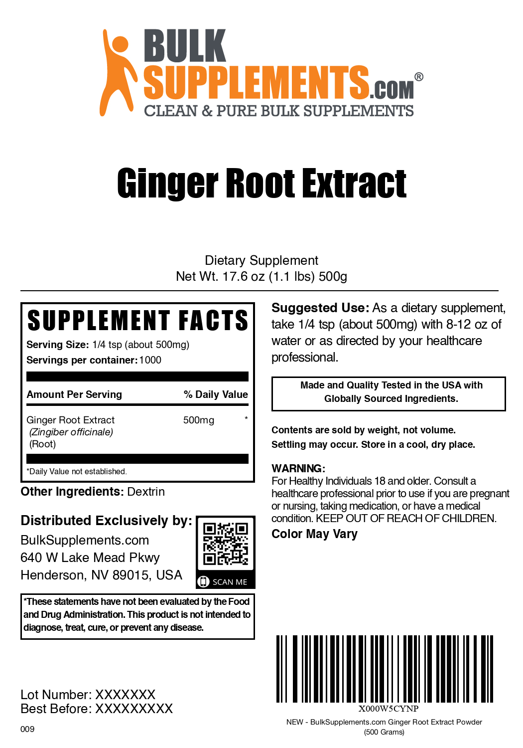 Ginger root extract powder label 500g