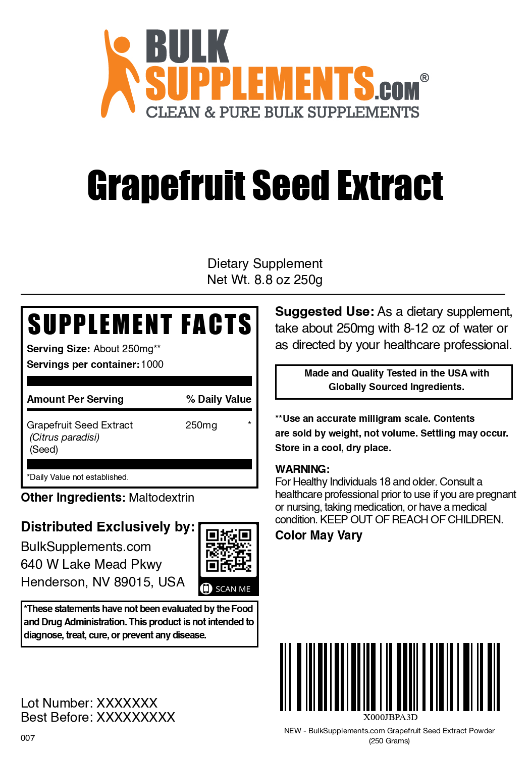 Grapefruit seed extract powder label 250g