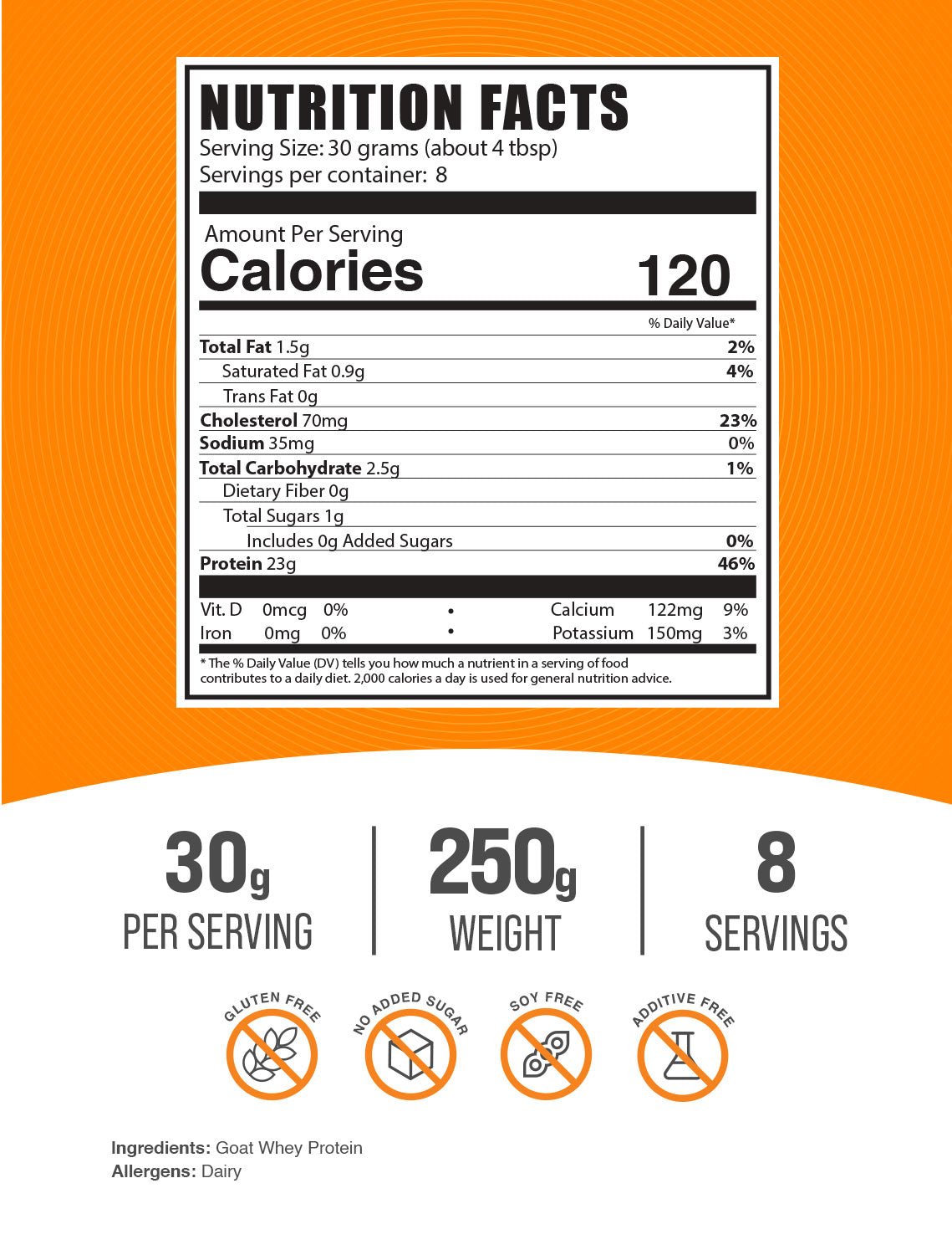 Goat Milk Whey Protein powder label 250g