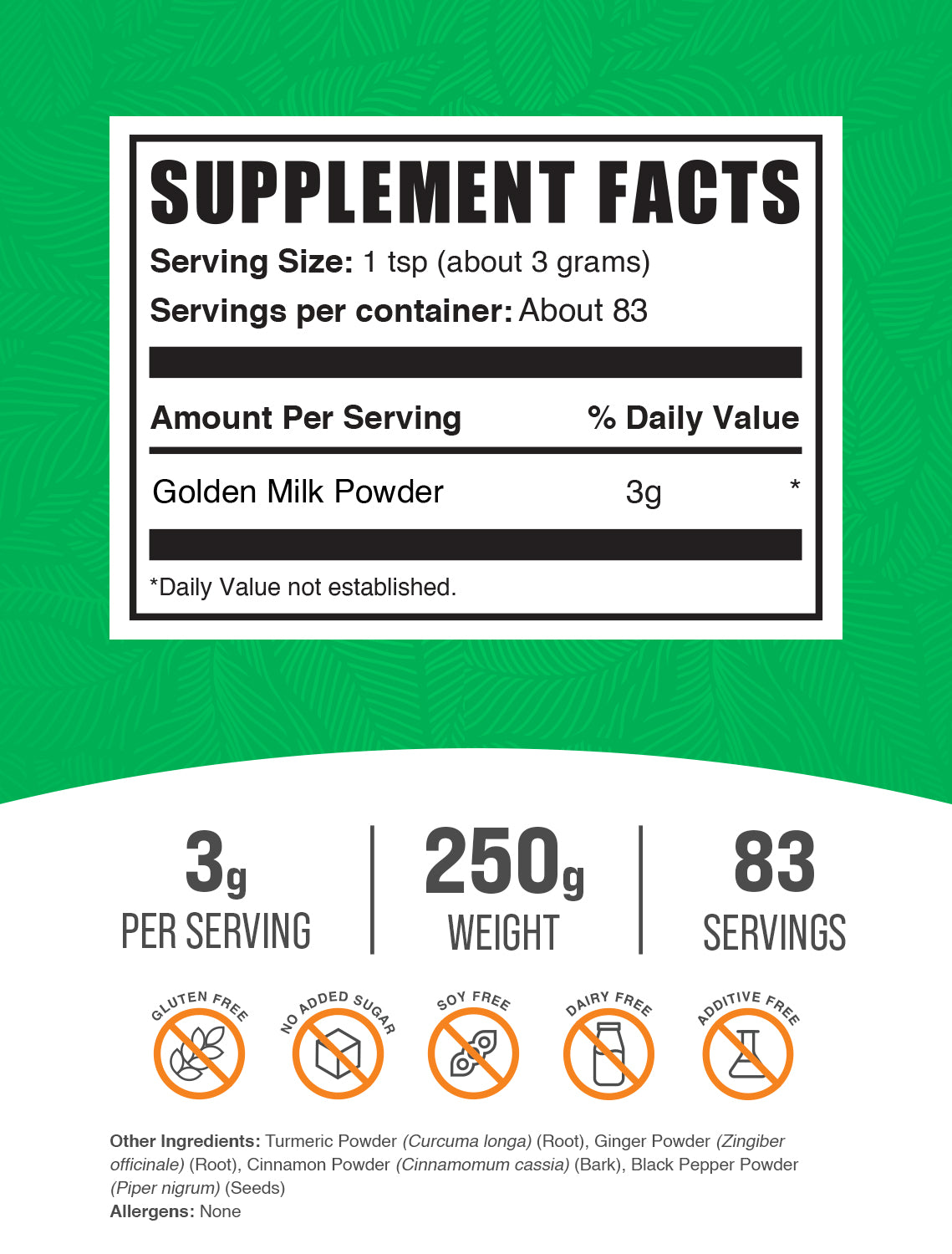 Golden milk powder label 250g
