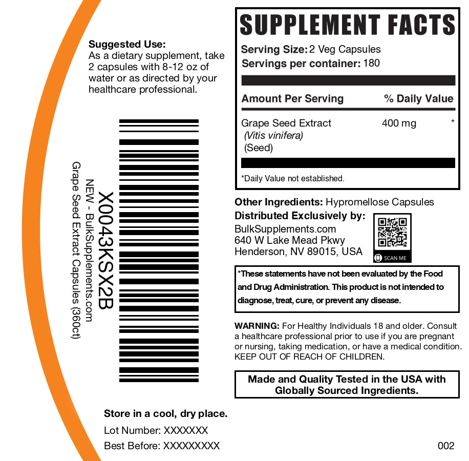 Grape seed extract 400mg 360 capsules label