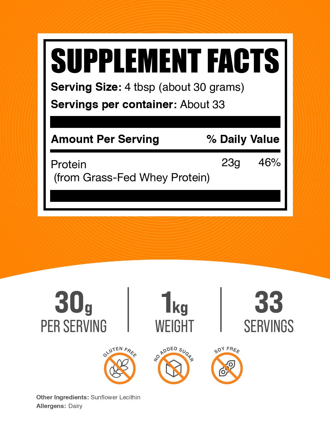 Grass-Fed Whey Protein Concentrate powder label 1kg