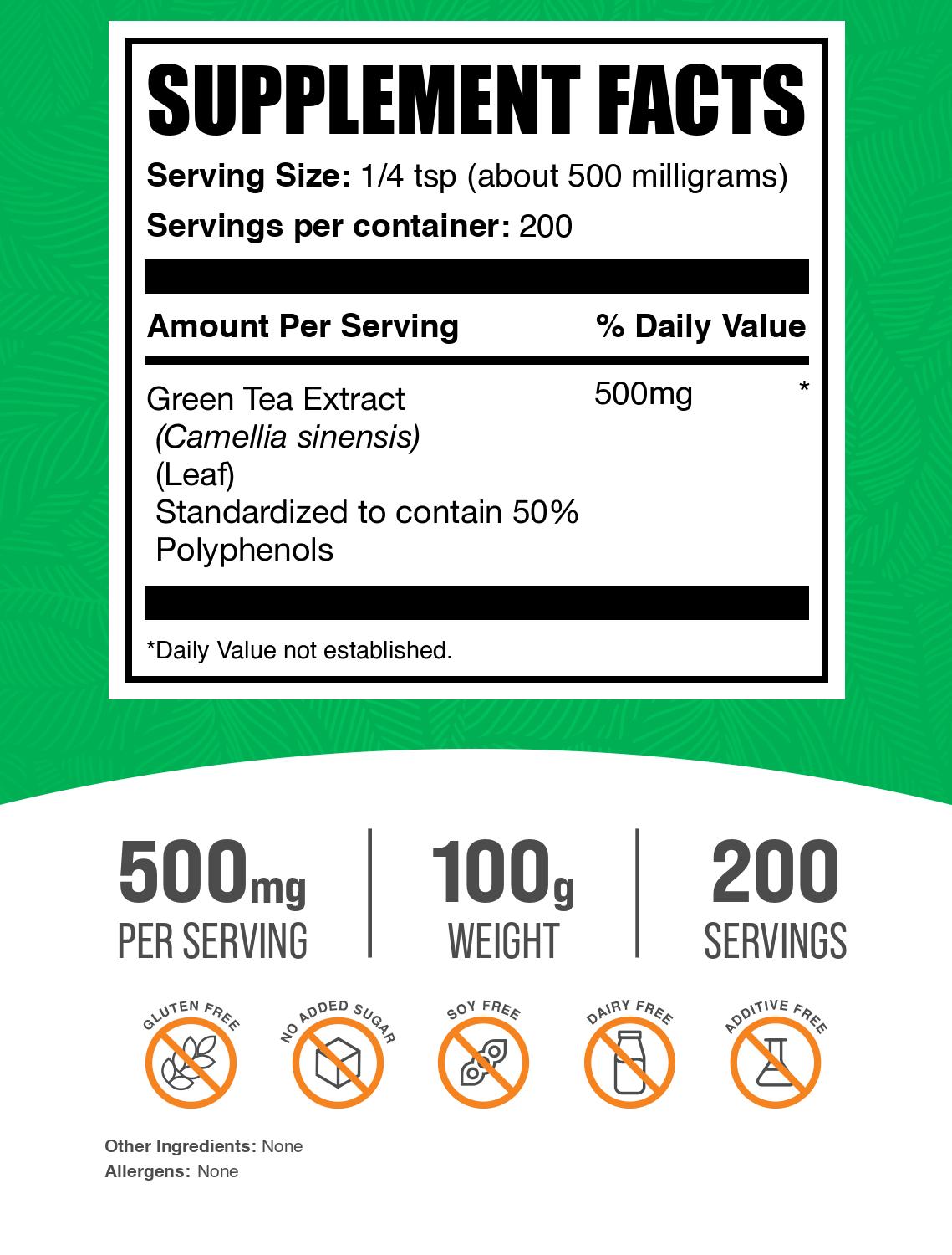 Green Tea Extract (50% Polyphenols) powder label 100g
