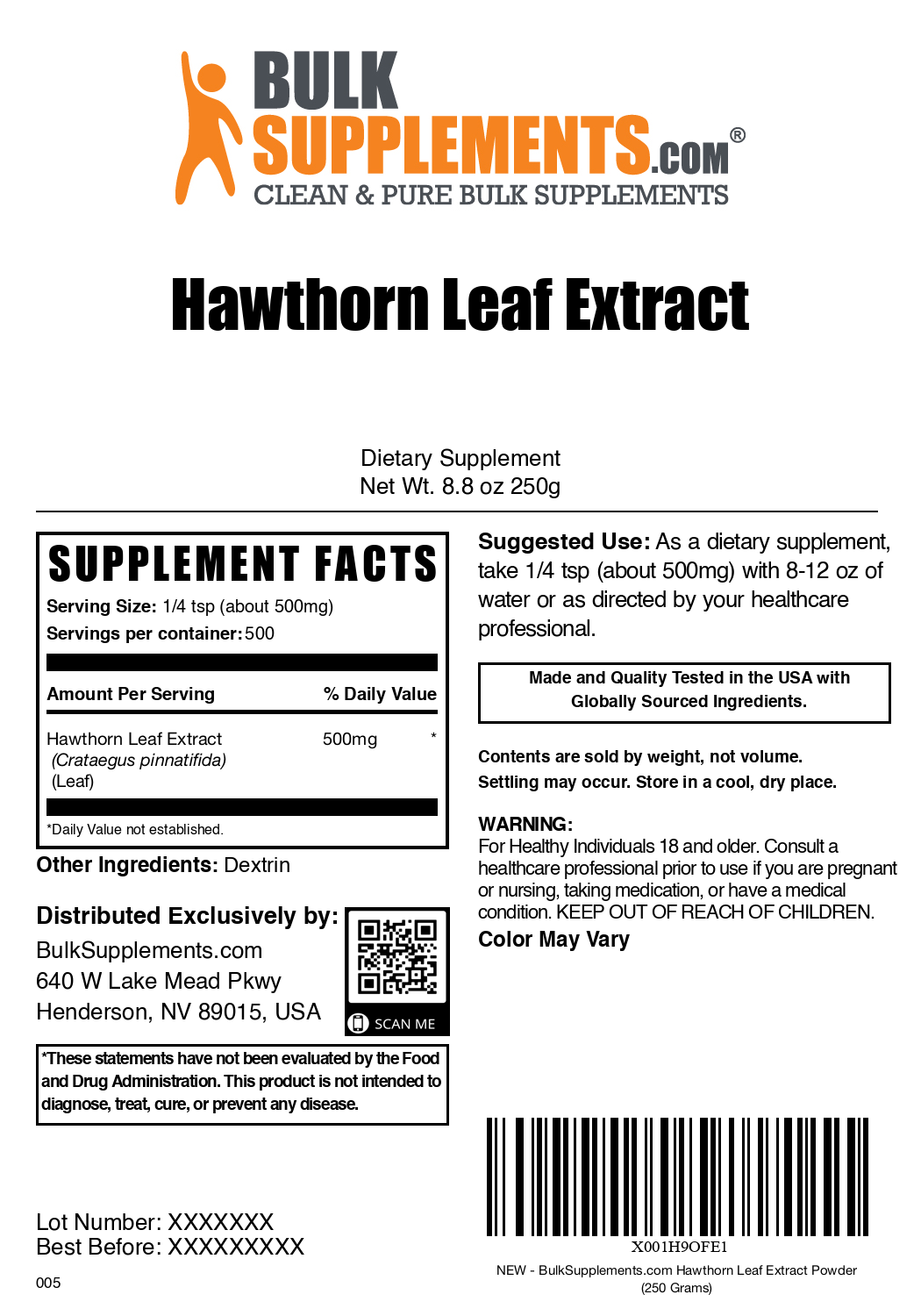 Hawthorn leaf extract powder label 250g