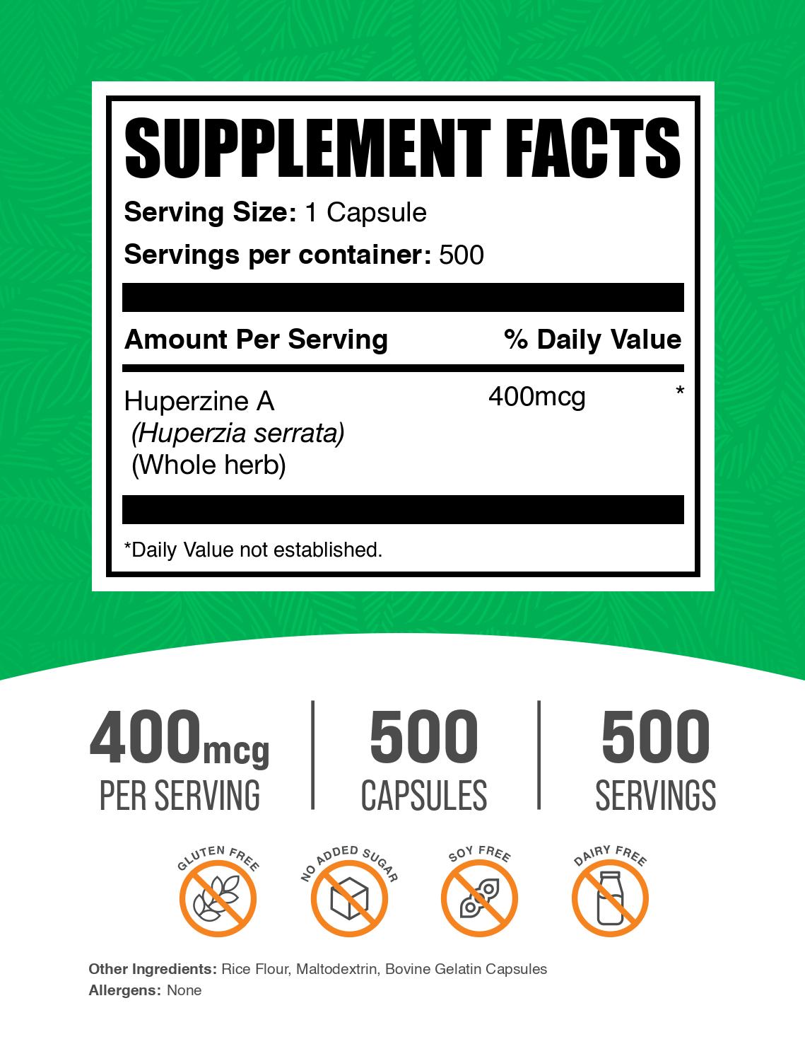 Huperzine A 400mcg 500 capsules label