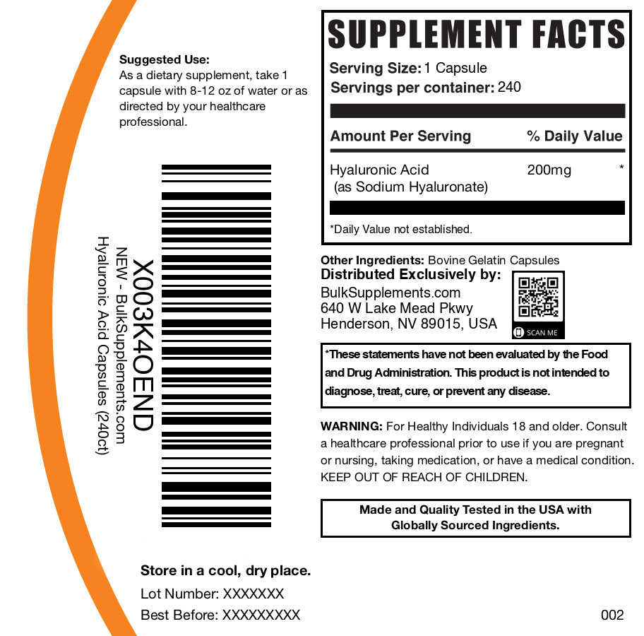Hyaluronic acid capsules 240 ct label