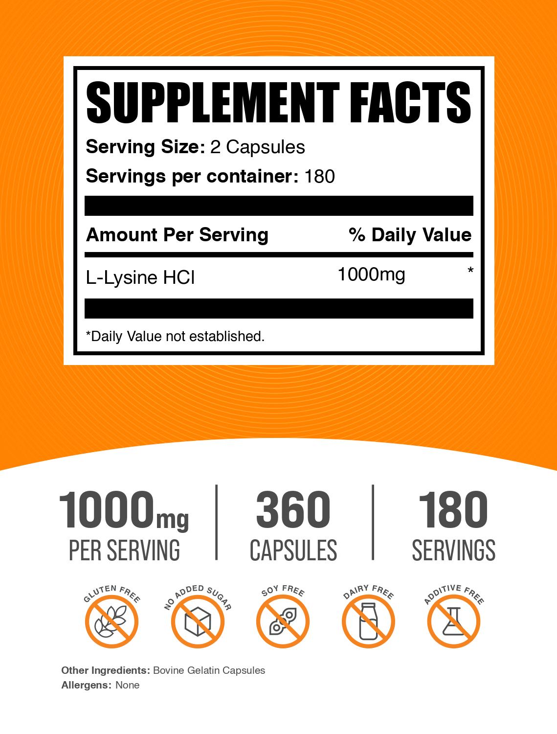L-Lysine 1000mg 360 capsules label
