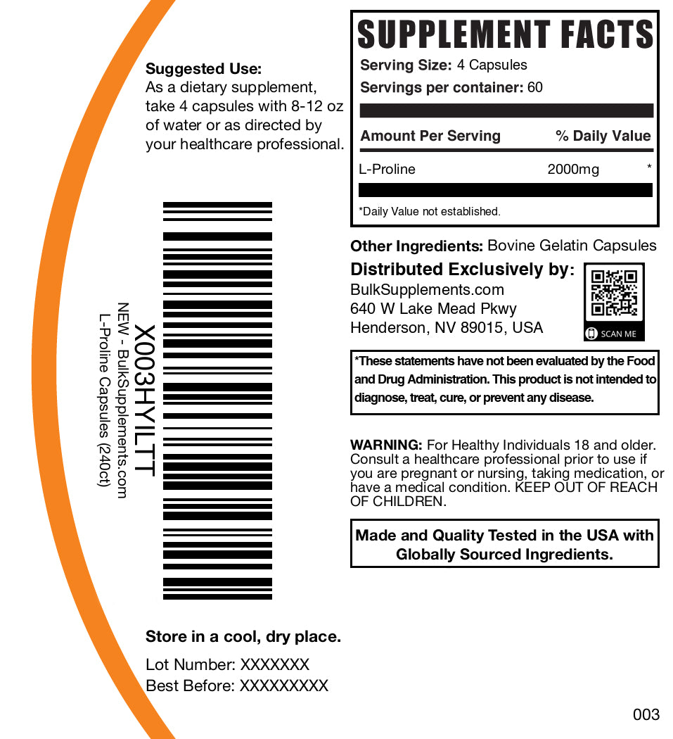 L-Proline 240 capsules label