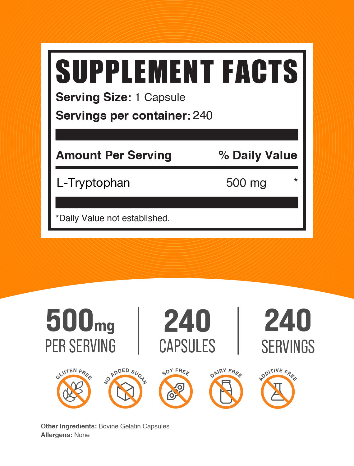 L-Tryptophan capsule label 240 ct